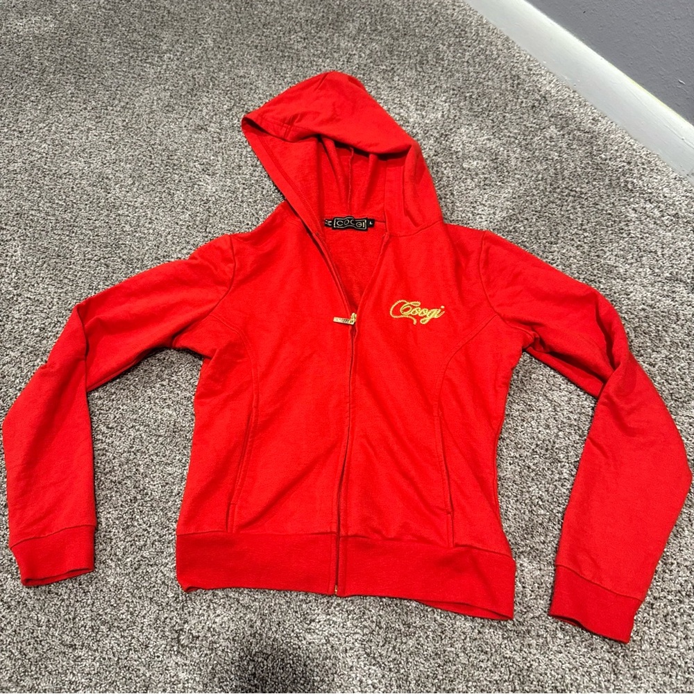 Coogi Y2K Vintage Women's Red Bedazzled Zip Up Hoodie Jacket Size Large